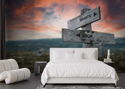 whats your why text quote caption on wooden signpost outdoors in nature. Stock sign words theme. Wall mural