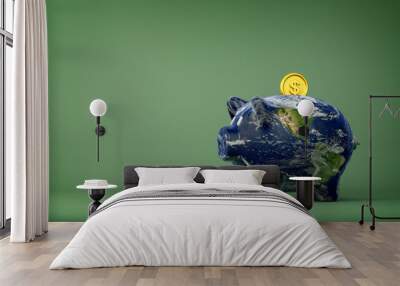 Planet Earth piggy bank with gold dollar coin on clean green background. Environmental social and corporate governance (ESG) concept. Saving the Earth, green investing, environment.
 Wall mural