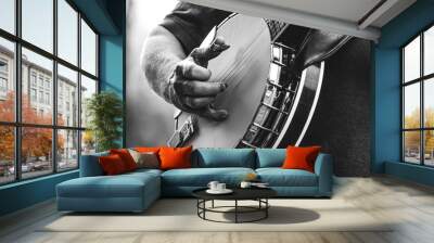 mature, older man, male playing five string banjo outside in monochrome black and white close-up of hand and fingers bluegrass music Wall mural