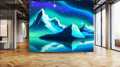 cold and snowy winter mountain tops by lake created with Generative AI Wall mural