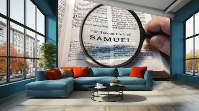 title page book of second Samuel close up using magnifying glass in the bible or Torah for faith, christian, hebrew, israelite, history, religion, christianity, Old Testament Wall mural