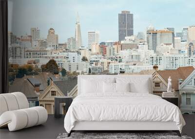 painted ladies and san francisco skyline at background view Wall mural