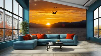 Seagulls in flight in front of sunset Wall mural