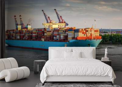 huge container ship at sunset in the port of Hamburg Wall mural