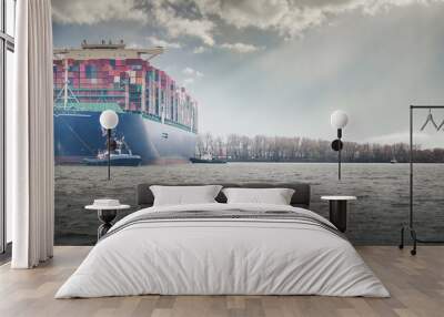 Large container ship in port in Hamburg in slightly cloudy weather Wall mural