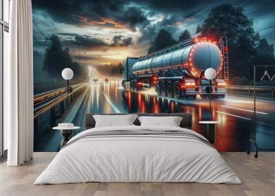 large fuel truck in rainy weather Wall mural