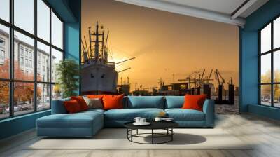 Panorama of a sunrise in the port of Hamburg  Wall mural