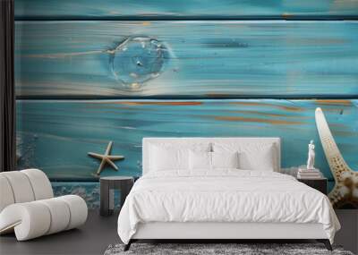 Starfish and shells on blue wood Wall mural