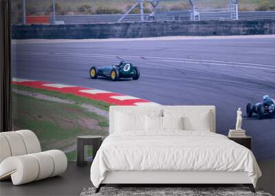 Two historical formula cars are driving fast on a corner during a race on the track Wall mural