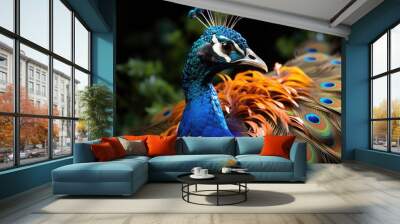 A peacock painting with a yellow and blue tail., generative IA Wall mural