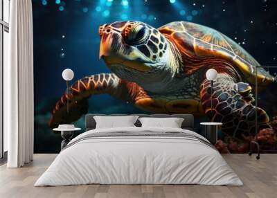 Close of a green marine turtle swimming underwater under the lights, generative IA Wall mural