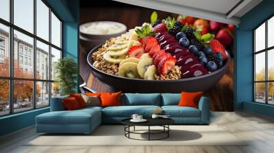 Colorful acai bowl with granola and fresh fruits., generative IA Wall mural