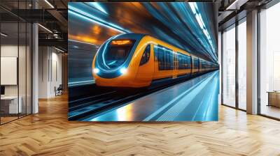 Dynamic Motion of a Subway Train Racing Through a Modern Underground Station in Stunning Blur Wall mural