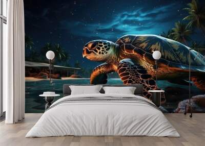 Marine turtle spawning eggs under the full moon., generative IA Wall mural