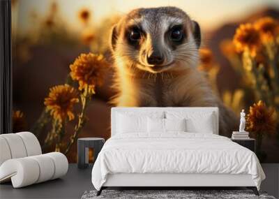 Meerkat on alert watching the sunset in the desert generated by IA, generative IA Wall mural