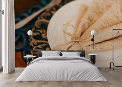 Modern minimalist wooden table featuring a white plate with silverware, perfectly set up for a meal Wall mural