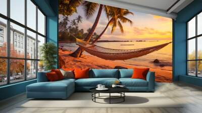 A hammock on a tropical beach with palm trees and a beautiful sunset. The perfect summer vacation in paradise (generative AI) Wall mural