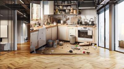 A very messy and dirty kitchen that needs cleaning.  An absolute untidy disaster! 21:9 aspect ratio (generative AI)	 Wall mural