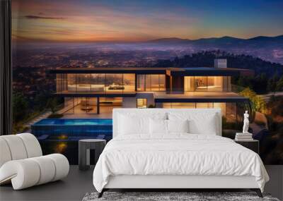 Beautiful luxury modern house in the mountains of California with a beautiful panoramic night view of the ocean. Mansion architecture and a pool.(generative AI) Wall mural