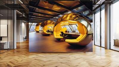 Futuristic business rented workplace telecommuting pods with beautiful interior design. Connecting co-workers with online technology to reduce long commutes. Wall mural