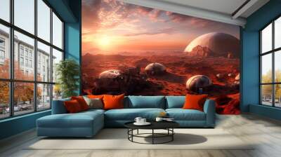 Futuristic space tourism and science featuring a Martian luxury colony retreat with private Martian exploration tours. Red Planet landscape (generative AI) Wall mural