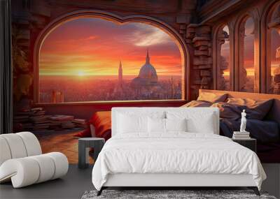 Illustration of a bedroom in a luxury home with an amazing sunset view of the city. The room has a historical architecture design and a colorful interior design. Wall mural