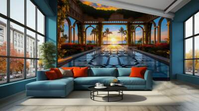 Illustration of a majestic entrance to a luxury hotel in a tropical location. It features a beautiful sunset with amazing views of he ocean. A perfect summer vacation. Wall mural