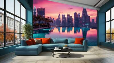 Illustration of a violet sunset from a luxury hotel resort infinity pool in Singapore. The beautiful view is a perfect spot for a summer vacation. Wall mural