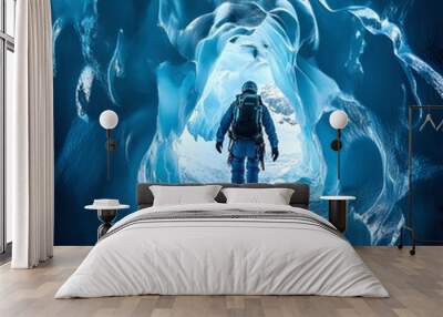 Scientist emerging from the interior of a glacier with special equipment Wall mural