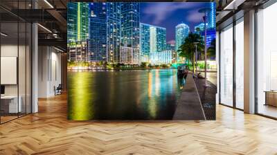 Buildings along the Miami River at night, in downtown Miami, Flo Wall mural