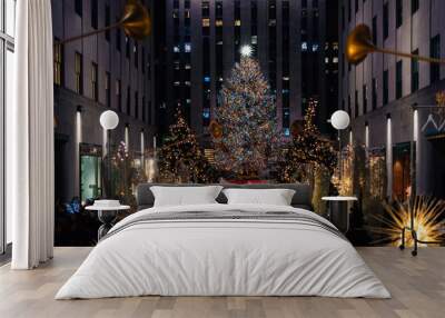 Christmas tree at Rockefeller Center at night, in Midtown Manhattan, New York City Wall mural