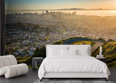 curvy road and view of downtown at sunrise from twin peaks, in s Wall mural