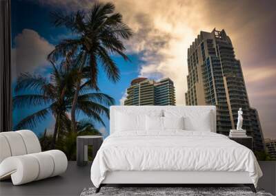 Palm trees and highrises at South Beach, Miami, Florida. Wall mural