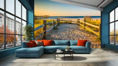 Path over sand dunes to the Atlantic Ocean at sunrise in Ventnor Wall mural