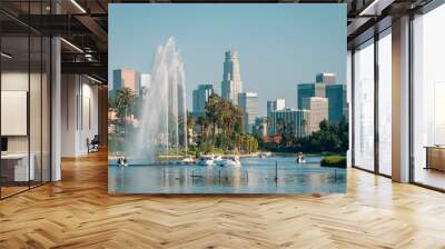 The Los Angeles skyline and lake at Echo Park, in Los Angeles, California Wall mural