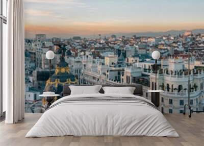 View of Gran Via from the Circulo de Bellas Artes rooftop at sunset, in Madrid, Spain Wall mural