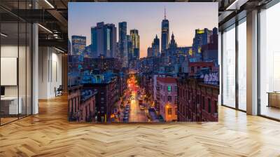 View of Madison Street and Lower Manhattan at sunset from the Manhattan Bridge in New York City Wall mural