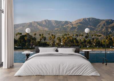 View of palm trees on the shore and mountains from Stearn's Whar Wall mural