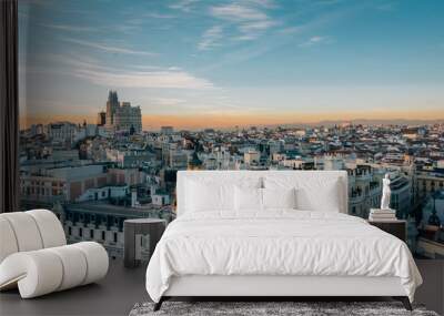 View of the Metropolis Building and Gran Via from the Circulo de Bellas Artes rooftop at sunset, in Madrid, Spain Wall mural