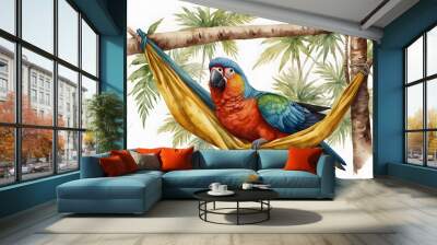 Parrot resting in a hammock in watercolor style Wall mural