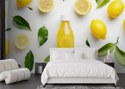 close up of fresh lemon juice with bottle leaves and fruit Wall mural