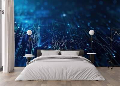 futuristic microchip CPU circuit board with blue light technology Wall mural