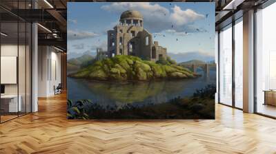 urban, tower, landscape, grey sky, concept, concept art, journey, end of the century, ruins city, ruins, desert landscape, matte painting, cityscape Wall mural