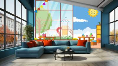 Kindergarten Classroom Interior Children Kids School Toys Furniture Vector Illustration Wall mural