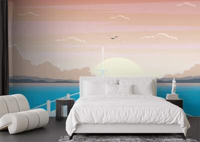 Sunset Sunrise Sea Ocean Landscape View on Cruise Ship Deck Illustration Wall mural