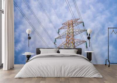 colorful wire towers and wires beneath a cloudy sky Wall mural