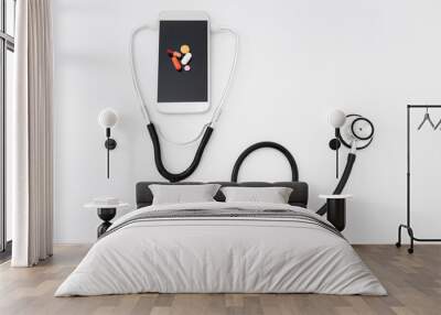 Telemedicine. Smartphone and stethoscope, Health care, medicine, hospital Wall mural