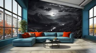 Monochromatic landscape of jagged mountains under a full moon. A valley with winding roads illuminated by moonlight. Ideal for fantasy or epic backgrounds Wall mural