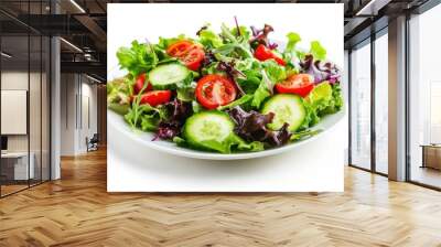 Green lettuce salad with fresh vegetables isolated on white background Wall mural