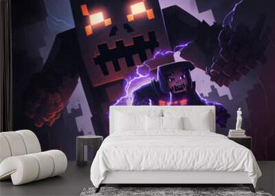 Alien block character running from zombies on alien planet Wall mural